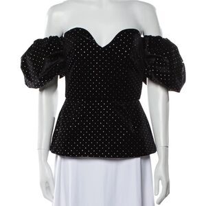 BORGO DE NOR ALMA VELVET TOP OFF SHOULDER PEPLUM CRYSTAL BLACK SIZE 6